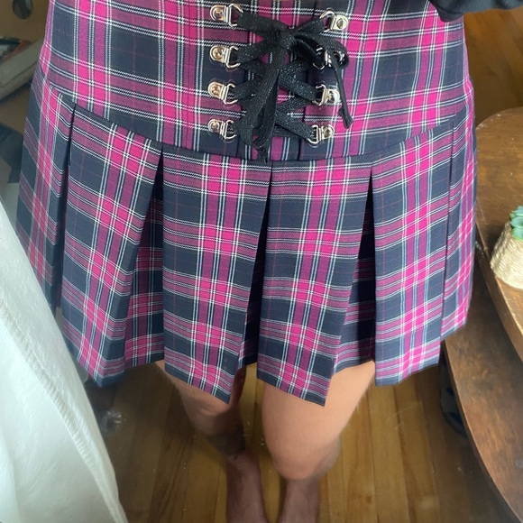 Curetty Pink Plaid Lace Up Dark Academia Skirt - Picture 8 of 8